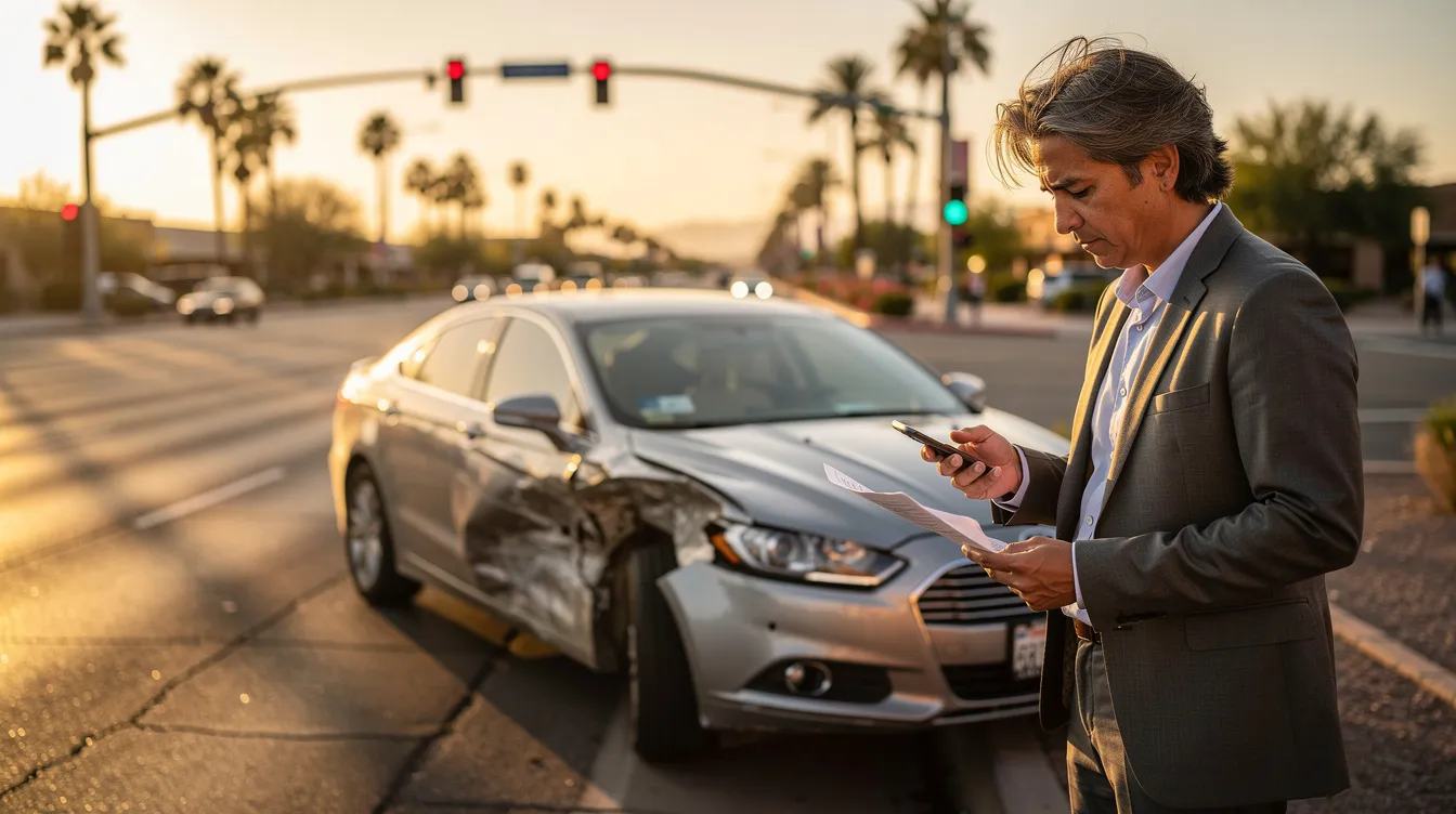 A concerned individual stands next to a lightly damaged car at a Phoenix intersection during golden hour, reviewing documents and a smartphone, likely related to an insurance claim following a minor car accident. The warm sunlight casts soft shadows, highlighting the palm trees and wide street in the softly blurred background, creating a cinematic atmosphere.