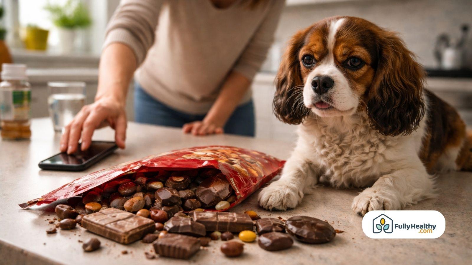 Dog near spilled chocolate treats while owner reaches for phone worried