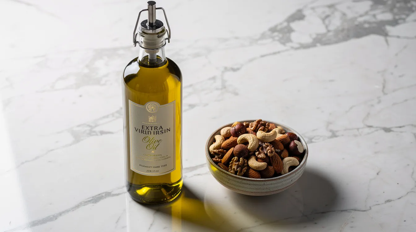 A bottle of extra virgin olive oil sits next to a small bowl filled with mixed nuts on a smooth marble surface, highlighting healthy fats that are key components of the Mediterranean diet and the longevity diet. This arrangement emphasizes the importance of nutritious food choices that can contribute to heart health and a healthier life.