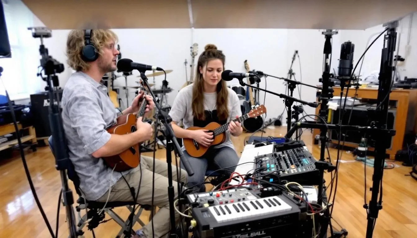 Ein Musiker steht auf einer Bühne und führt einen Soundcheck durch, während er verschiedene Audio-Geräte um sich hat. In seiner Hand hält er eine verstärkte Ukulele mit einem Tonabnehmer, der für einen klaren Klang sorgt.
