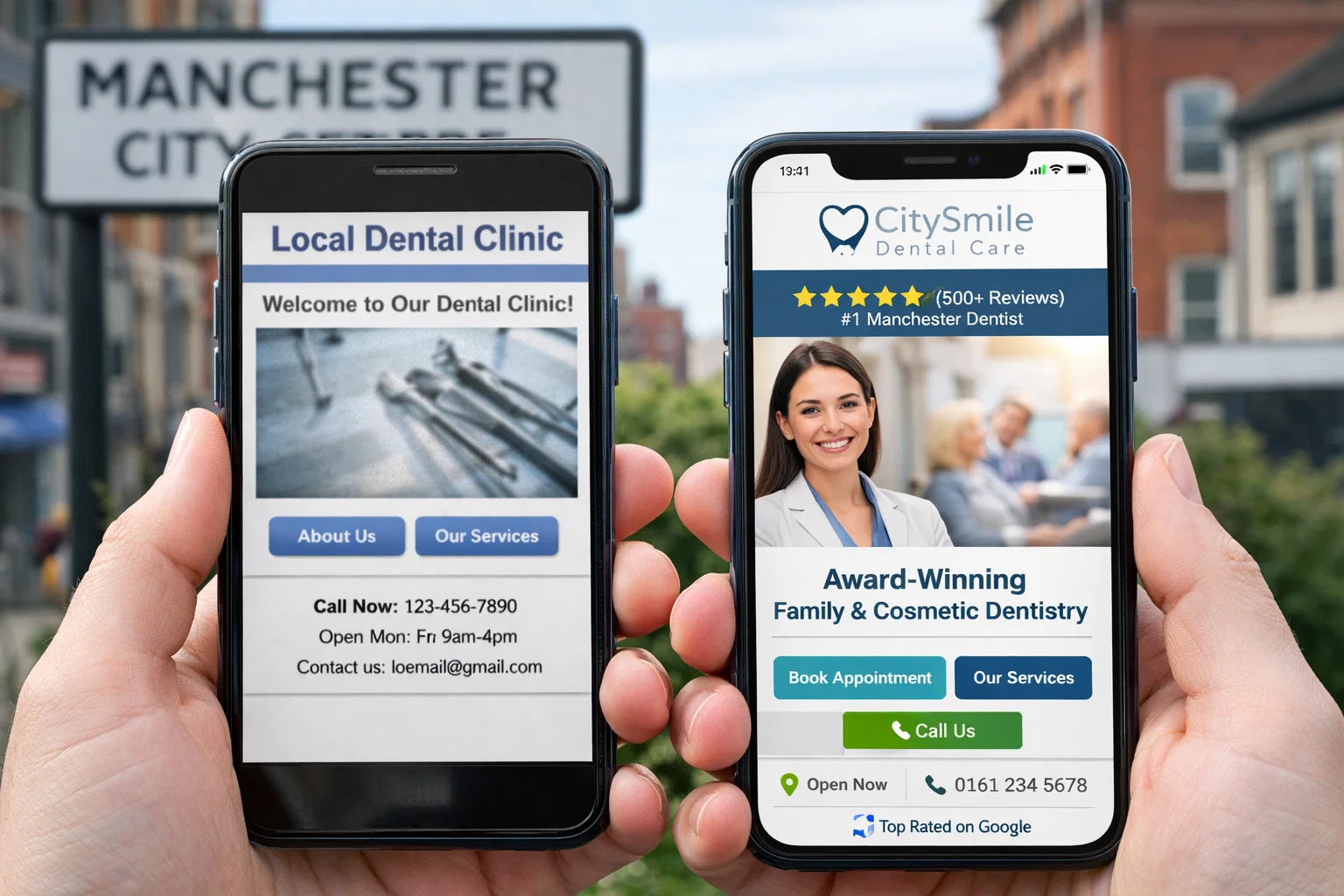 Comparison of two UK dental websites, one with poor visibility and one ranking high on Google with positive reviews, illustrating the benefits of SEO for local dentists.