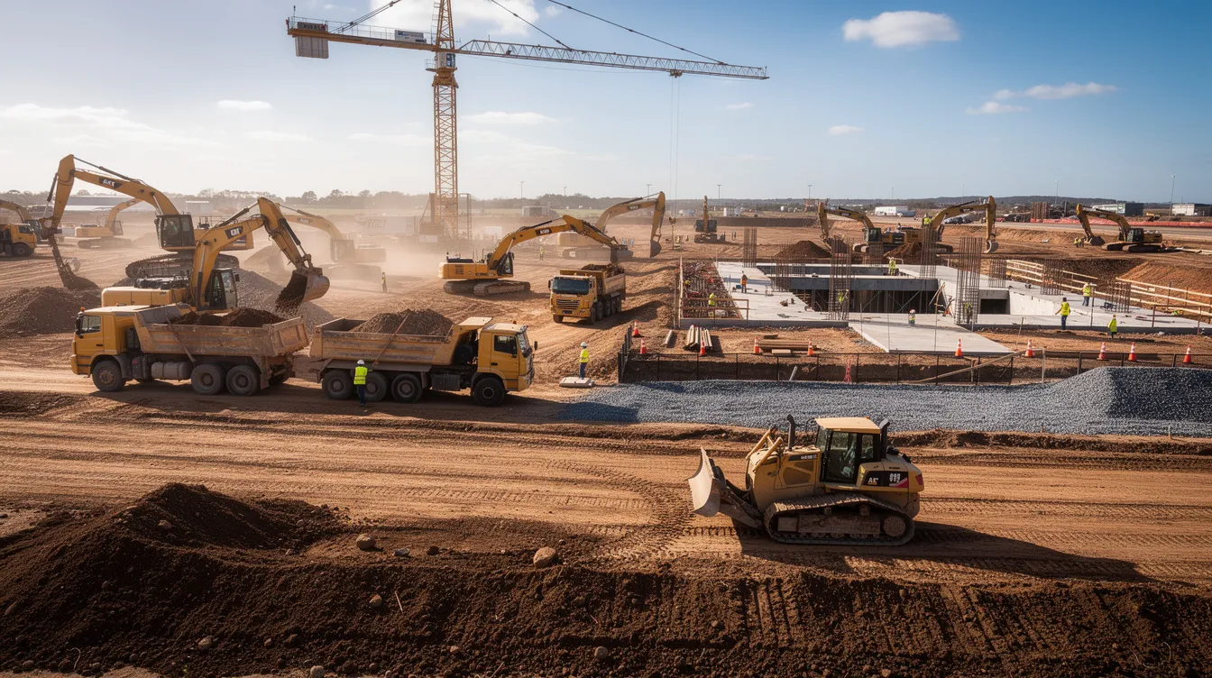 The image depicts a large commercial construction site bustling with heavy construction equipment, including excavators and bulldozers, actively engaged in earthwork. This scene reflects the complexities of construction projects, emphasizing the importance of accurate construction forecasting and effective project management to ensure successful project outcomes and maintain healthy profit margins.