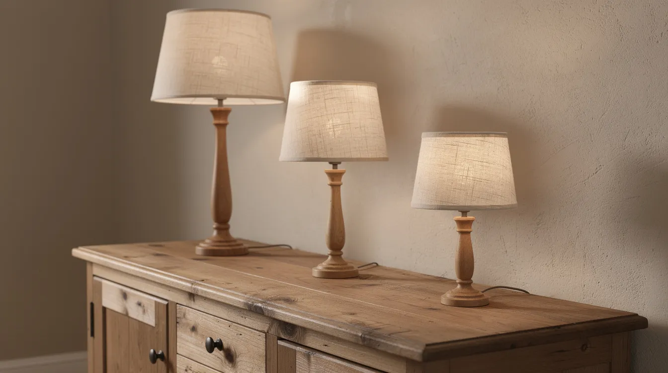 Close-up van drie landelijke tafellampen in verschillende hoogtes, geplaatst op een houten dressoir. De lampen met linnen kappen stralen een warm, diffuus licht uit, waardoor een gezellige sfeer in de kamer ontstaat.