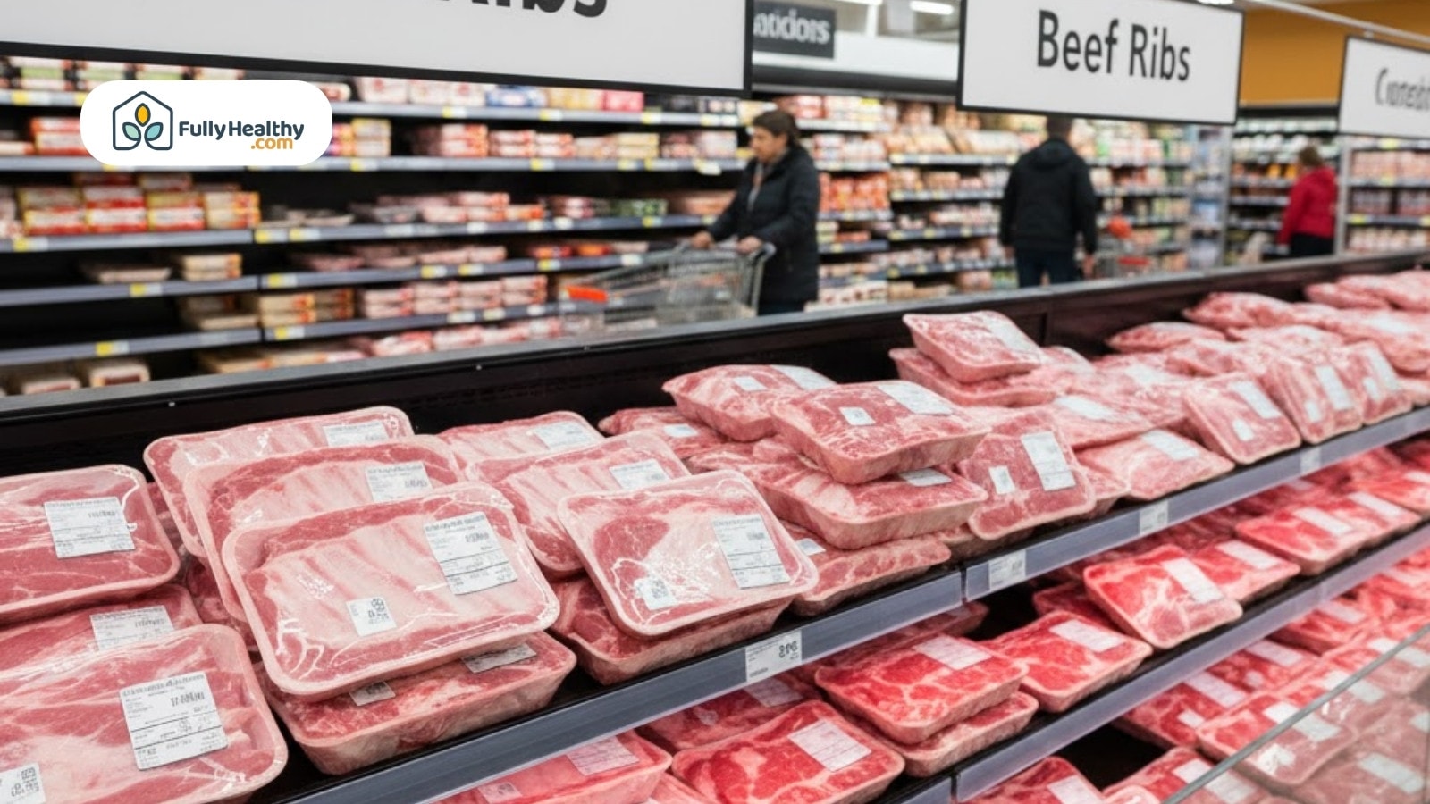 Grocery store meat section with labeled packages of pork and beef ribs