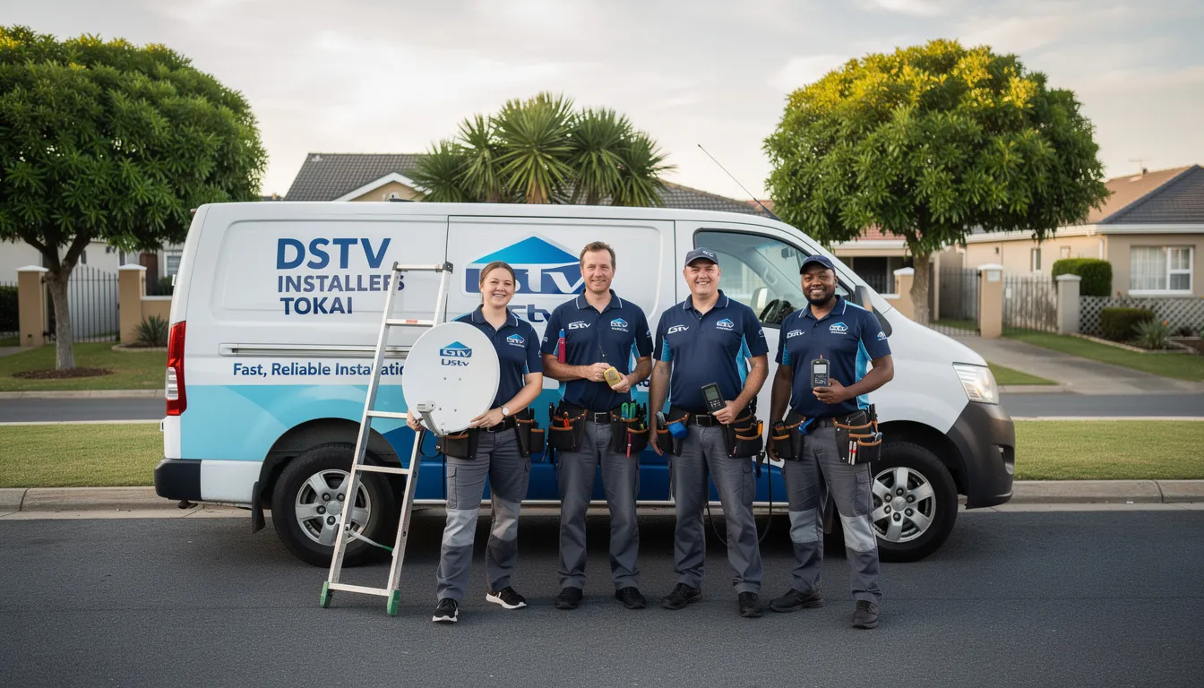 The image features a team of experienced DSTV installers in Tokai, showcasing their professionalism as they work on a DSTV dish installation. They are equipped with tools and equipment necessary for providing reliable DSTV installation services and signal repairs, ensuring quality service for residents and businesses in the area.