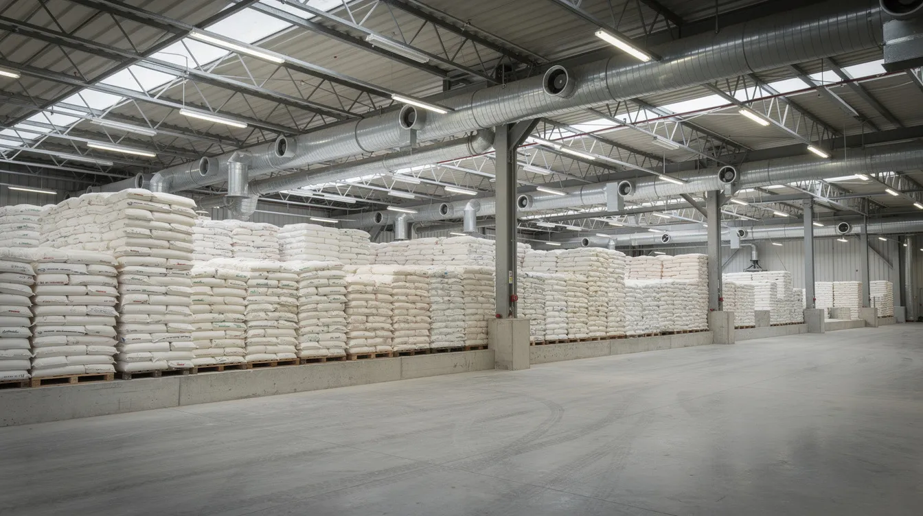 The image depicts the interior of a large grain storage warehouse, showcasing neatly stacked bags of grain on raised plinths beneath overhead lighting and ventilation ducts. This efficient storage facility is essential for maintaining grain quality and supporting food security in India, particularly for crops like wheat and rice.