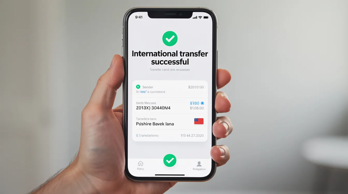 A hand is holding a smartphone that displays a confirmation screen indicating a successful international money transfer, showcasing the ease of sending money to Pakistan using a mobile wallet. The interface highlights the transfer status and assures users of a trusted service for their online money transfer needs.