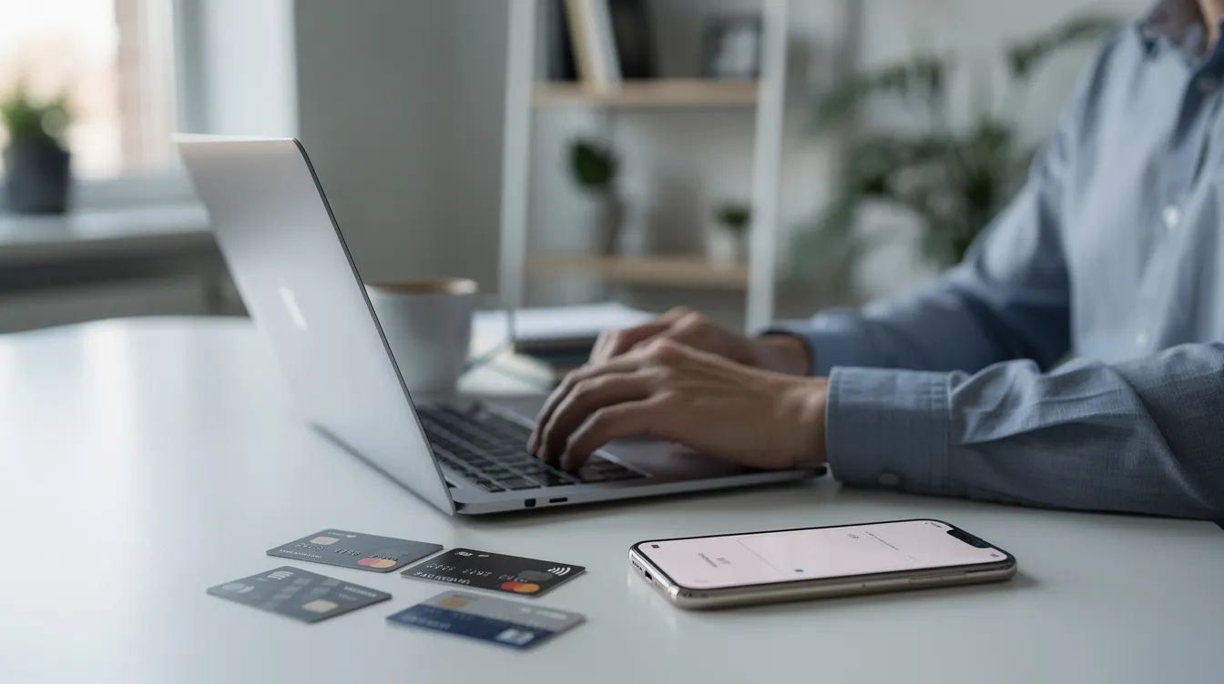 A merchant is seated at a sleek, modern workspace, focused on their laptop while surrounded by payment cards and a smartphone, indicating their engagement with crypto payment gateways and digital assets. The setup suggests a professional environment for managing customer payments and processing transactions efficiently.