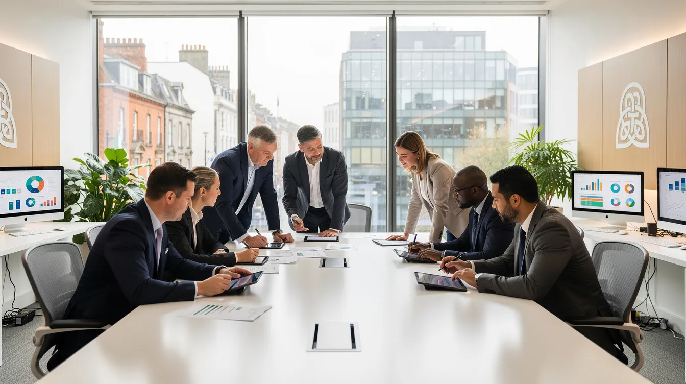 The image depicts a diverse group of professionals engaged in collaboration around a conference table in a modern Irish office, highlighting a dynamic work environment that reflects the inclusive nature of employment in Ireland. This setting symbolizes the importance of teamwork and the critical skills employment permit system, where individuals from various backgrounds come together to meet market needs and drive innovation.