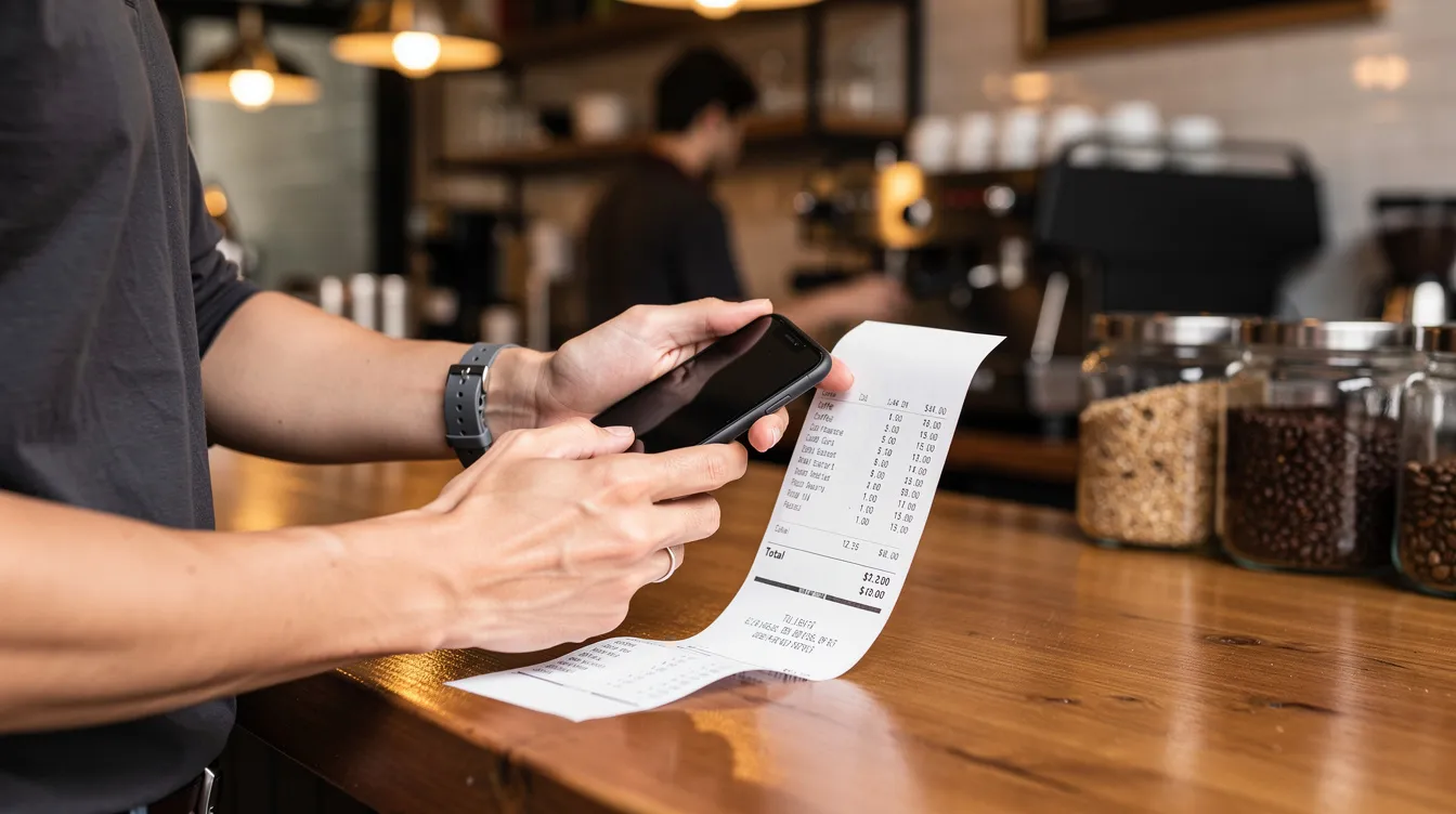 A person is holding a smartphone and scanning a paper receipt at a cafe counter, using an expense tracker app to efficiently manage their business expenses and track spending patterns. This simple process helps them keep full control over their finances and save money for future purchases.