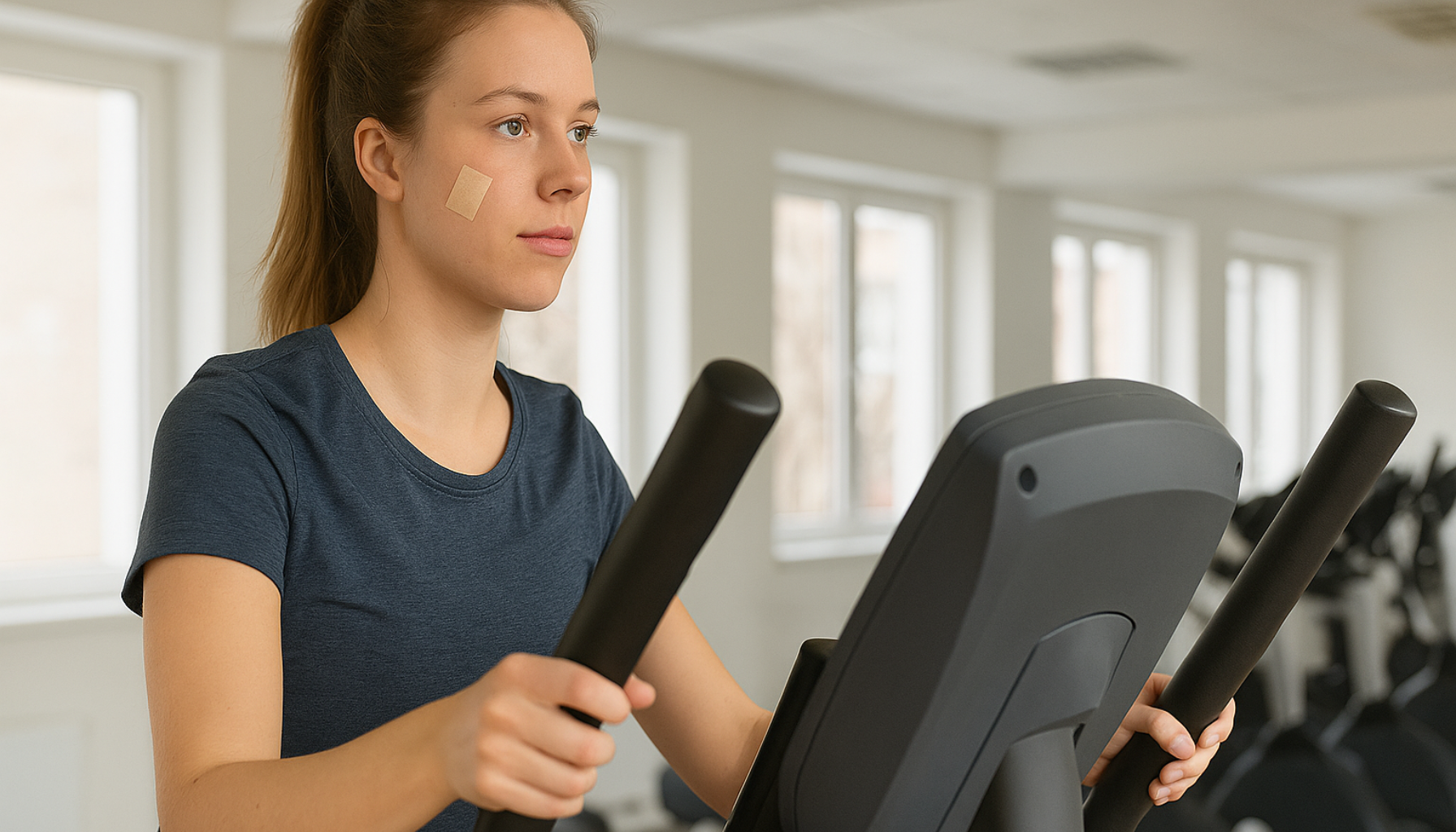 Ung kvinne trener forsiktig på treningsapparat etter visdomstannoperasjon, symbol på gradvis oppstart av fysisk aktivitet.