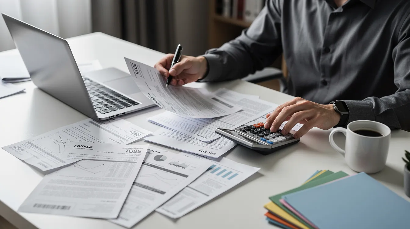 A person is sitting at a desk, meticulously organizing various documents and bills while using a calculator. The scene suggests a focus on financial management, possibly related to personal loans or budgeting, as they handle important paperwork.