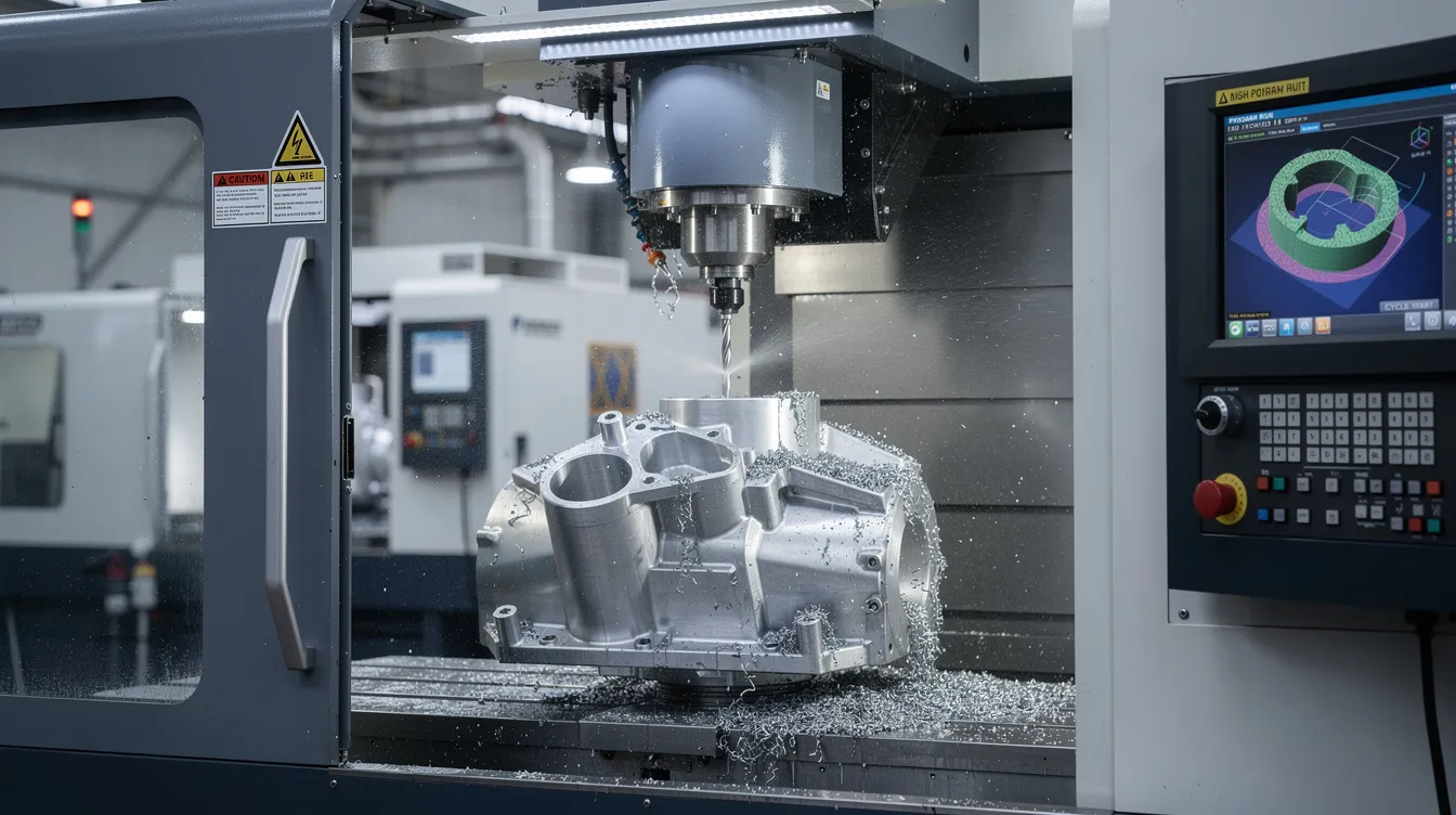 The image shows a multi-axis CNC machining center actively milling a complex aluminum part in a factory environment, highlighting the precision and intricacy of the CNC machining process. The setup emphasizes the importance of quality control processes and tight tolerances in producing high-quality parts for industries such as aerospace.