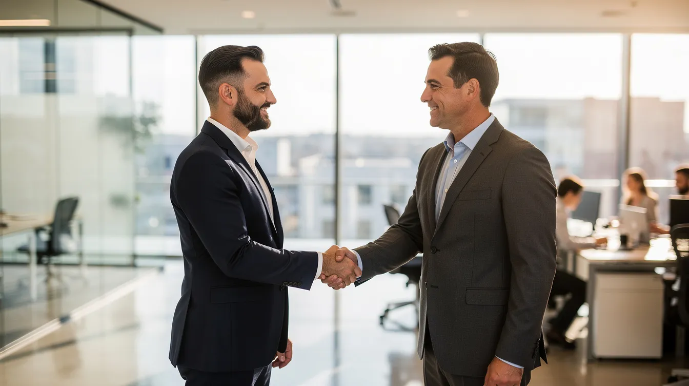 The image depicts two professionals shaking hands in a modern office setting, symbolizing a partnership focused on corporate governance and ESG initiatives. This handshake represents a commitment to sustainability and responsible investment strategies that consider environmental risks and social impact.
