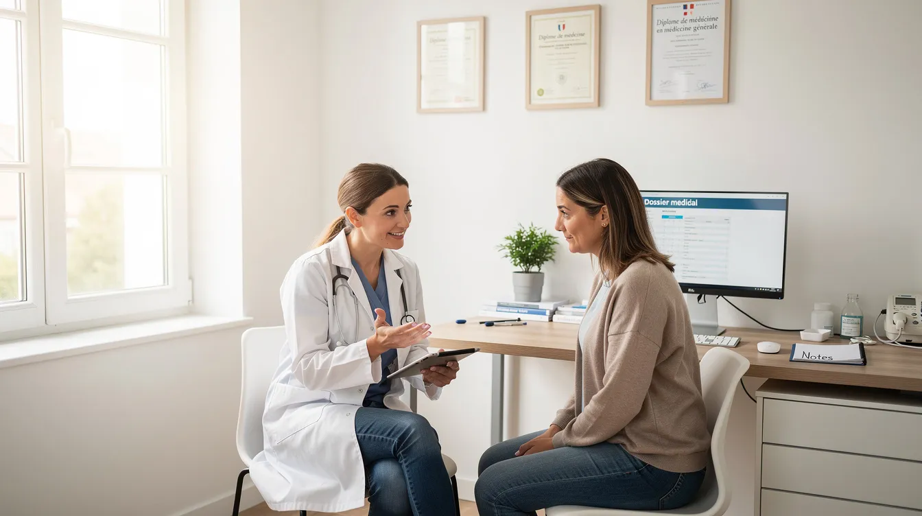 L'image montre une consultation médicale chaleureuse entre une patiente et une médecin dans un cabinet lumineux, où elles discutent des conseils et du suivi après une fausse couche. L'ambiance est réconfortante, soulignant l'importance du soutien et de l'accompagnement dans cette épreuve.
