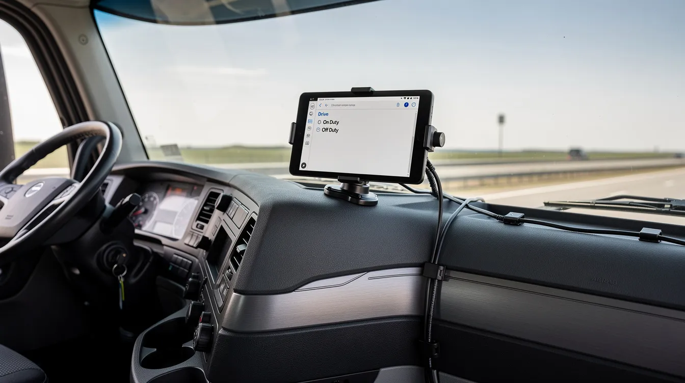 ELD Installers:.An ELD device is securely mounted in the cab of a semi truck, featuring clean cable routing that enhances operational efficiency and compliance with FMCSA regulations. T