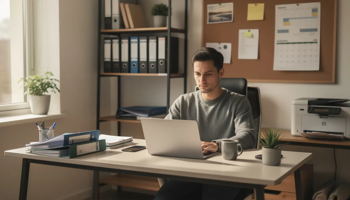 A small business owner is seated at a desk, focused on their laptop in a modern office environment, engaging in the financial planning process to manage their tax liabilities and prepare for upcoming tax returns. They are likely utilizing tax strategies and software to maximize deductions and ensure compliance with the tax code.