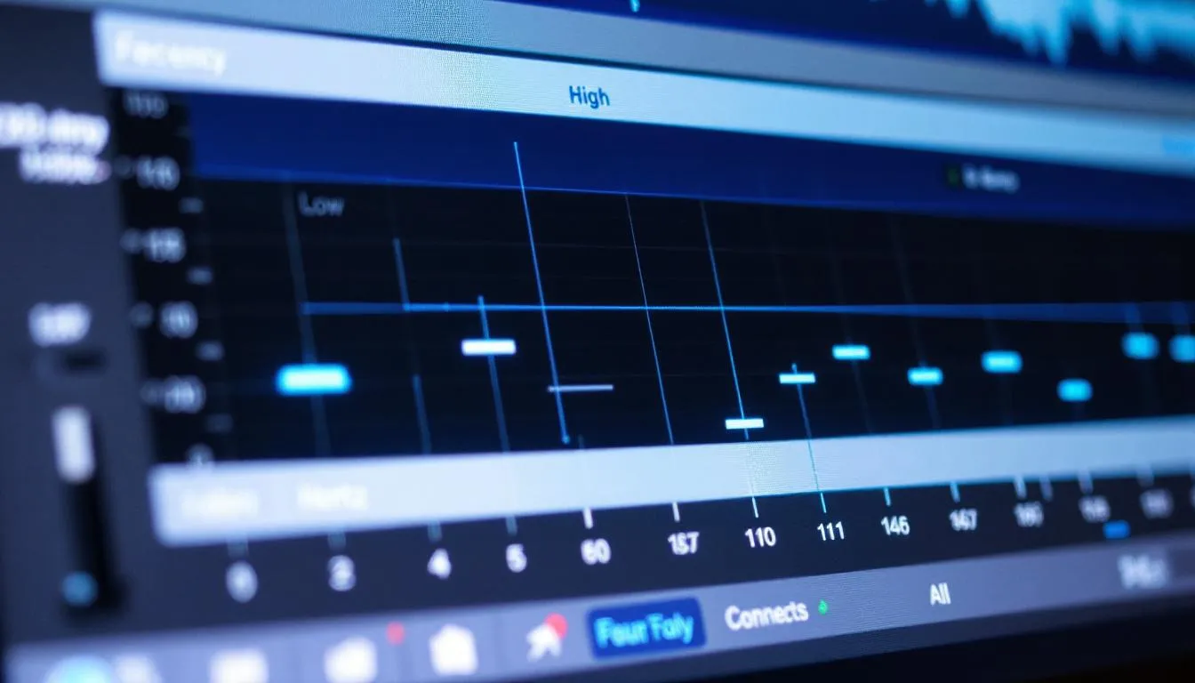 Una vista ravvicinata dell'interfaccia di un plugin EQ mostra regolazioni della curva di frequenza, illustrando come gli ingegneri di missaggio possano manipolare suoni diversi attraverso lo spettro audio per creare un mix professionale. Questa visualizzazione evidenzia l'importanza di bilanciare tracce individuali e controllare il rumore indesiderato per migliorare la qualità complessiva del processo di produzione musicale.