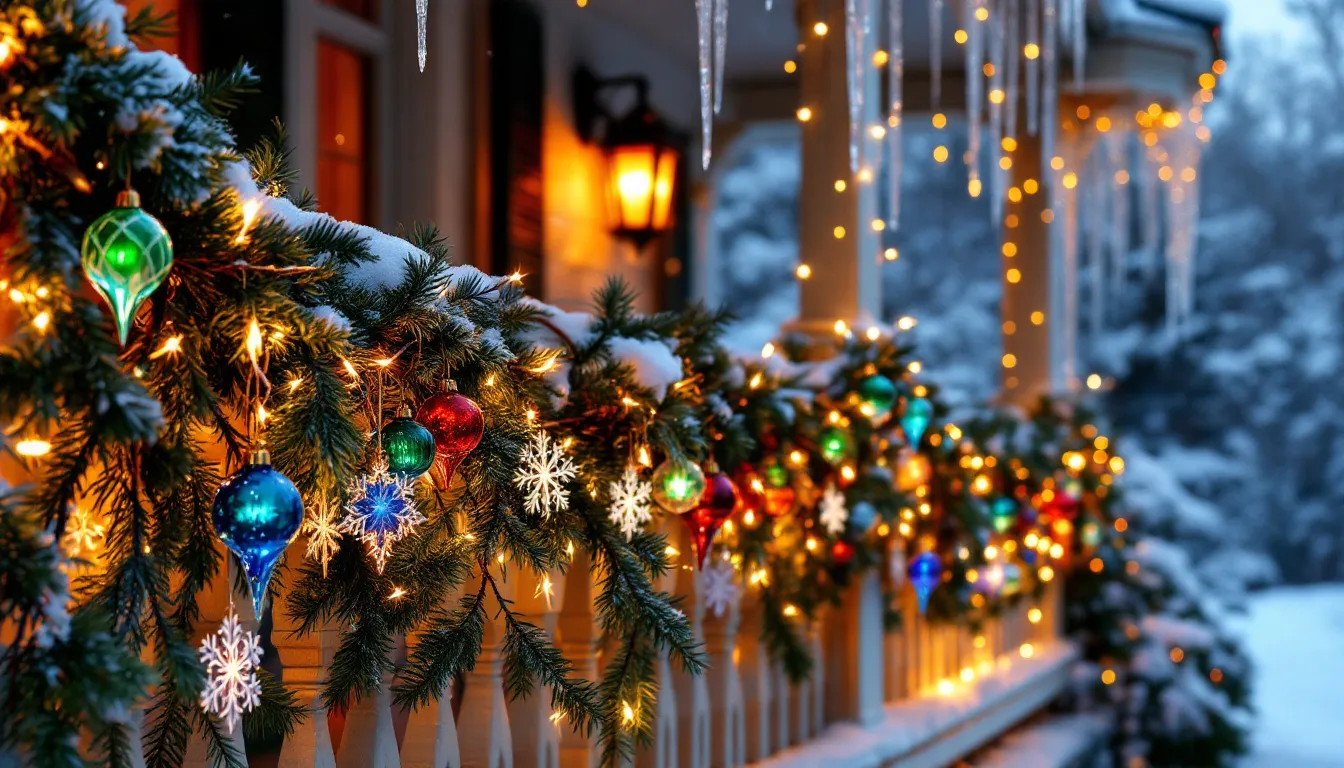 Decorated porch railings with garlands and festive ornaments.