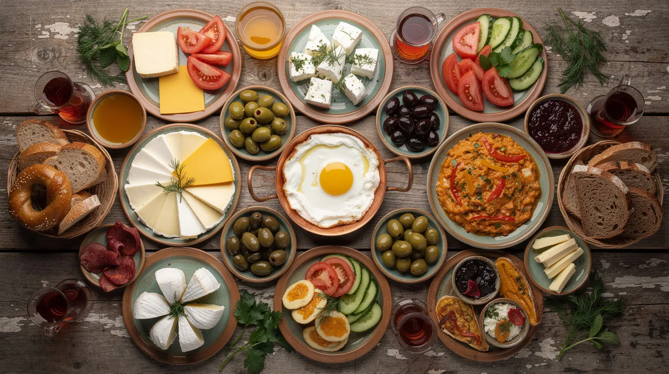An overhead view of a vibrant Turkish breakfast spread showcases dozens of small plates filled with delicious food, including fried eggs, fresh bread, cheeses, olives, honey, and seasonal fruits, all beautifully arranged on a rustic wooden table. The scene is completed with tulip tea glasses and a sense of warmth, reflecting the charm of traditional Turkish cuisine in Istanbul.