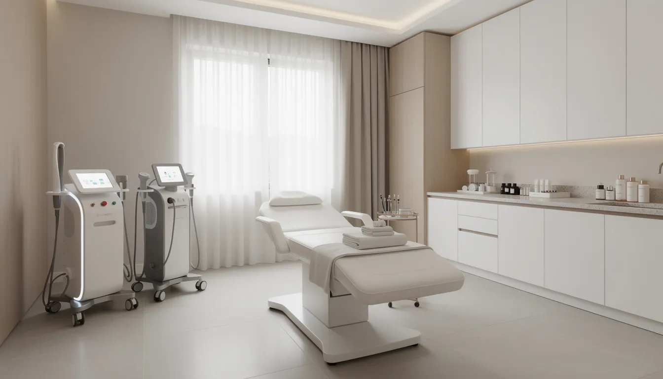 Wnętrze nowoczesnego gabinetu kosmetycznego, wyposażonego w profesjonalne urządzenia do pielęgnacji skóry, w tym do leczenia trądziku zaskórnikowego. Widoczne są eleganckie meble oraz sprzęt do oczyszczania twarzy, co sprzyja poprawie kondycji skóry i skutecznej walce z zaskórnikami.