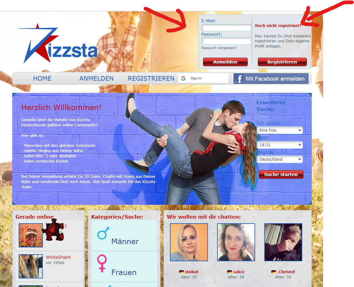 Login und Registrierung auf der Kizzsta Website