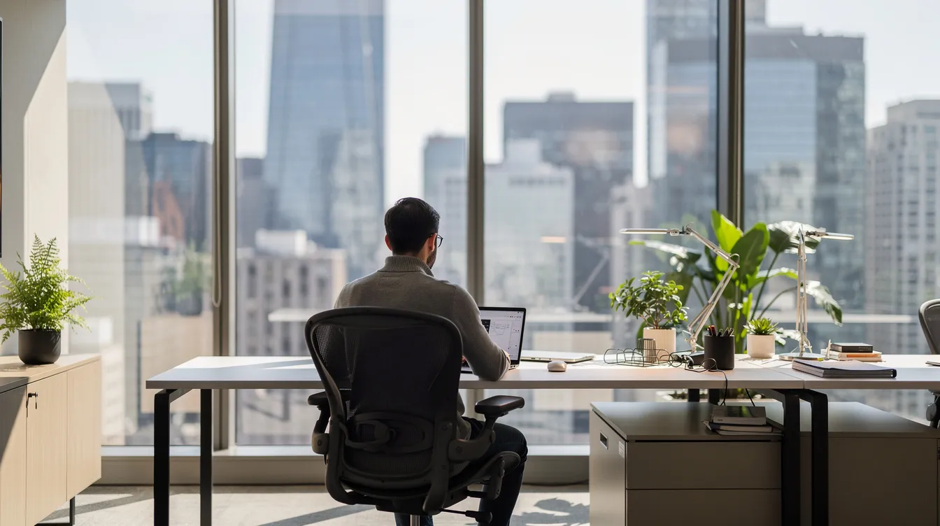 A person is seated at a modern desk in an office, focused on their laptop while a stunning city skyline is visible through large windows behind them. This image reflects a professional environment, ideal for visa applicants or south African citizens seeking information about the Irish visa requirements for their travel documents.