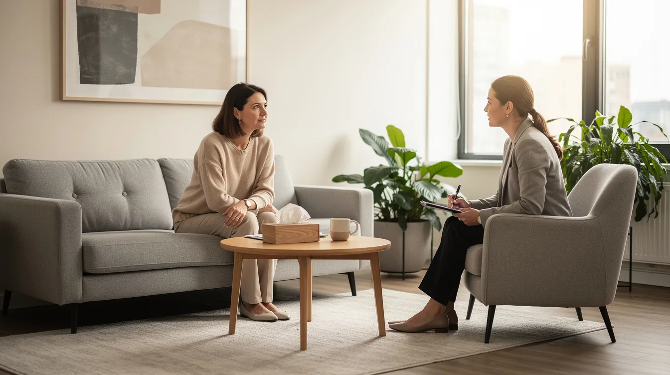The image shows a therapist and client engaged in a calm conversation within a modern office, decorated in neutral tones, creating a supportive atmosphere for discussing mental health challenges. This one-to-one session emphasizes the importance of open communication and self-awareness in therapy.