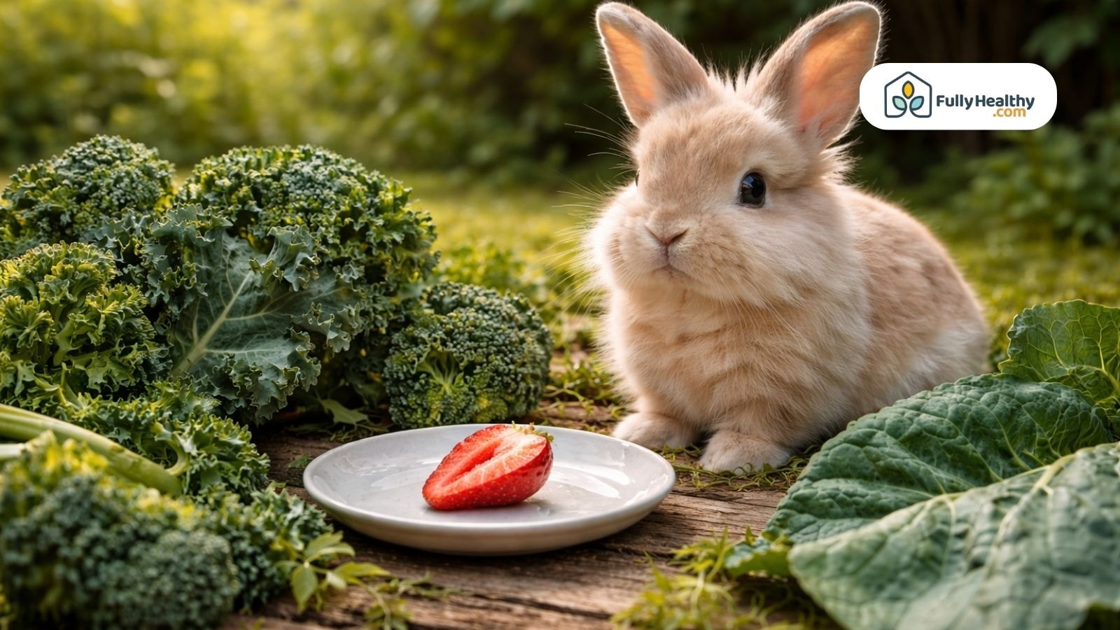 Light brown rabbit near broccoli and strawberry on garden table