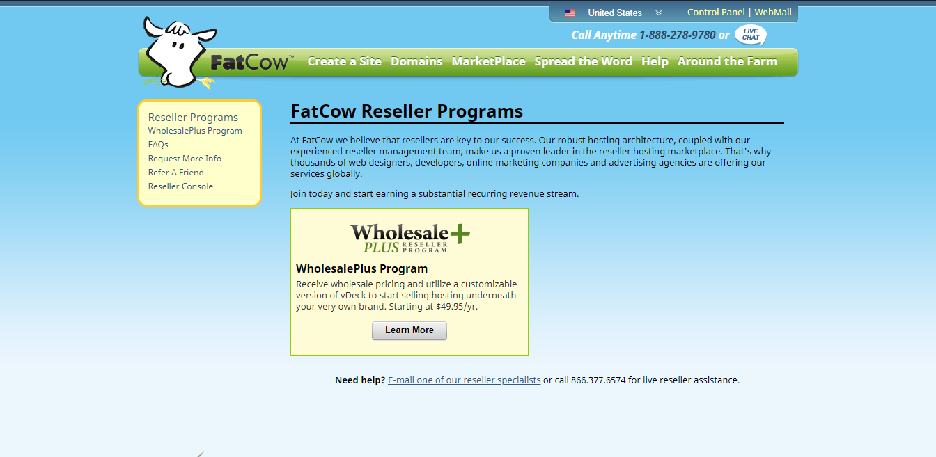 Screenshot of the FatCow Reseller Programs
