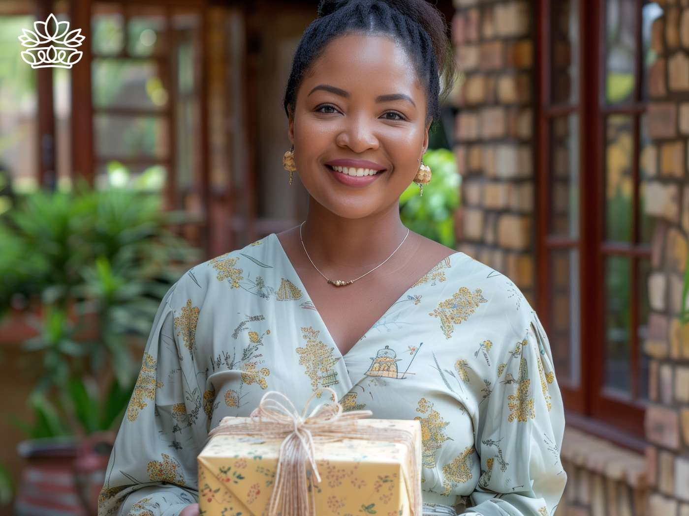 Joyful woman in floral attire holding a gift box, embodying the diverse range of the Durban Gift Box Delivery Collection, perfect for making any special day memorable, with reliable delivery options available nationwide, by Fabulous Flowers and Gifts.