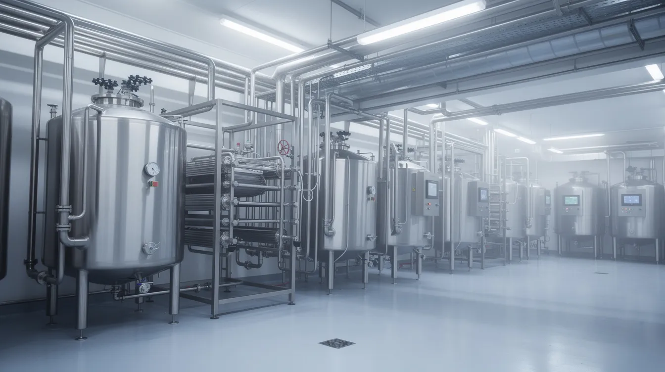 485dc56d e8de 4f26 aaef db5c80e3ec1c The image features modern stainless steel dairy processing equipment inside an industrial facility, showcasing various pipes and tanks essential for uht milk processing. This dairy processing facility is designed to efficiently handle raw milk and produce milk products with extended shelf life, highlighting the advanced technology used in the global uht milk industry.