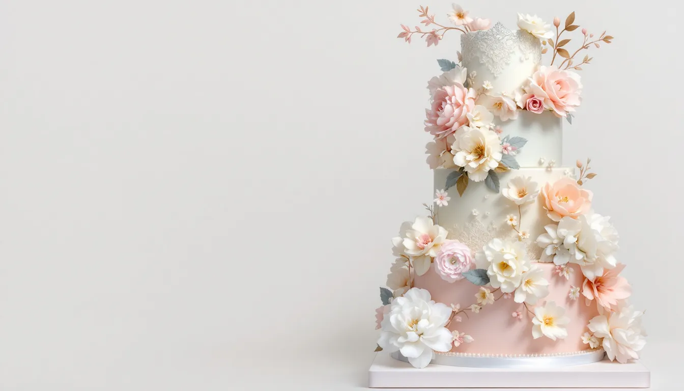 A beautifully decorated wedding cake with intricate designs.