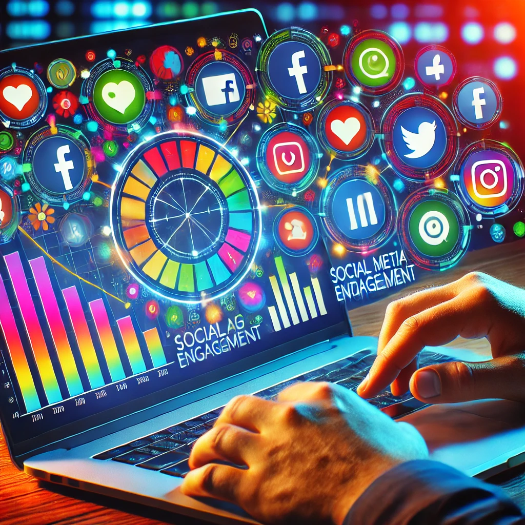 Persona estableciendo objetivos de engagement en redes sociales en laptop con gráficos coloridos. | Posiciona.Digital