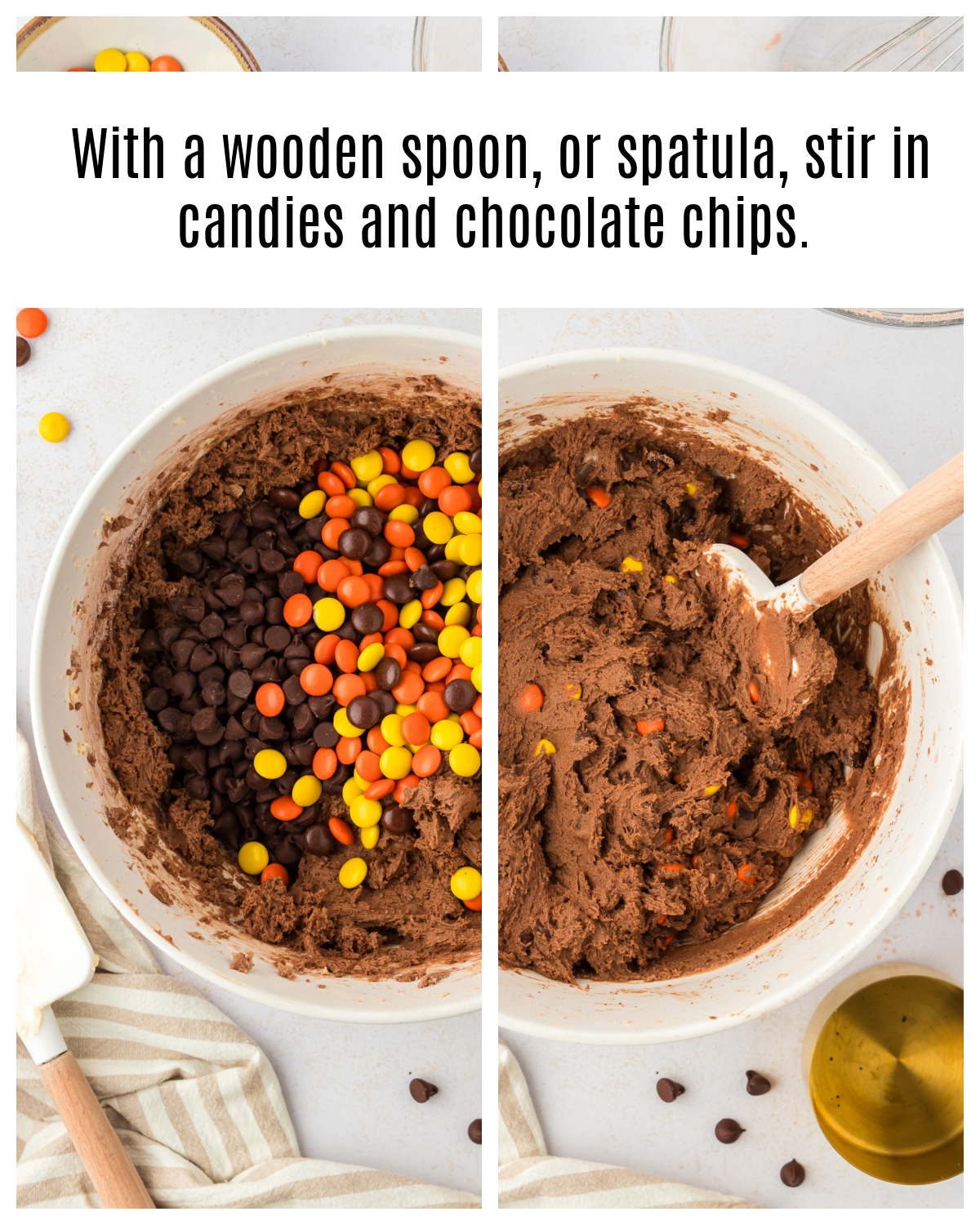 reese's pieces and chocolate chips added to chocolate cookie dough