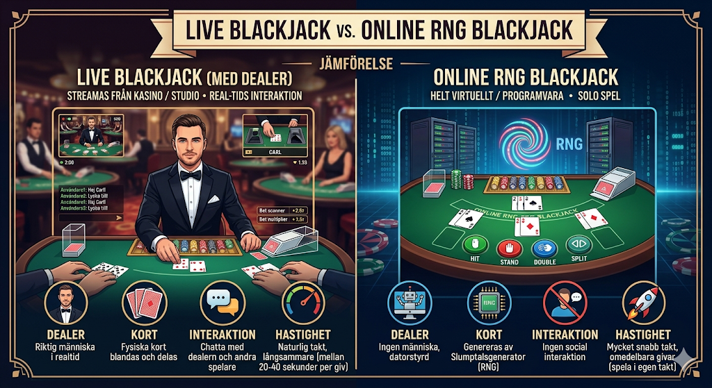 Live blackjack vs online blackjack – skillnad mellan live dealer, RNG och hur man spelar blackjack online