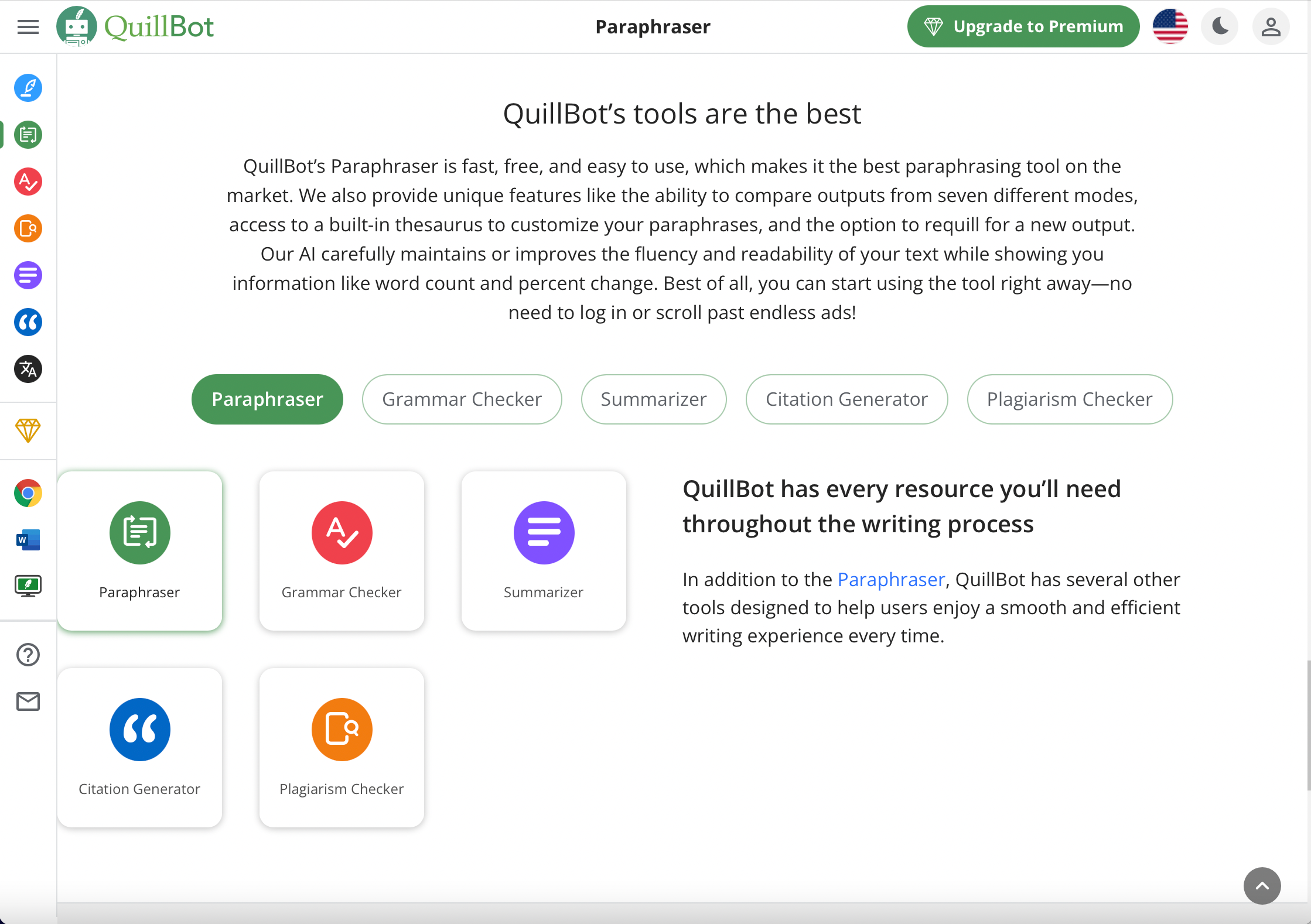 Quillbot tools and interface