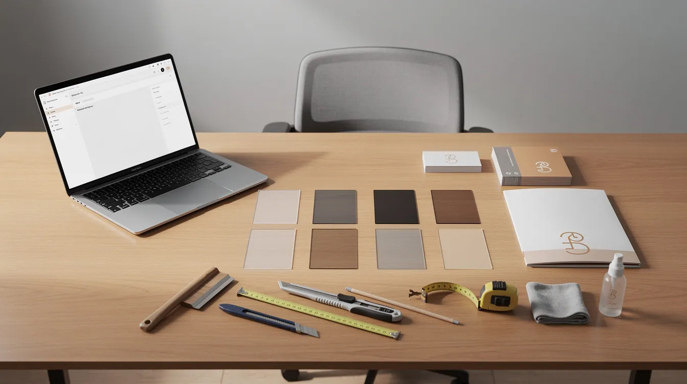 The image depicts a well-organized home office desk featuring samples of security window film, a laptop, branded materials, and installation tools, all arranged neatly to create a functional workspace for professionals in the film business. This setup highlights the importance of safety and security solutions for commercial properties, emphasizing energy efficiency and UV protection.