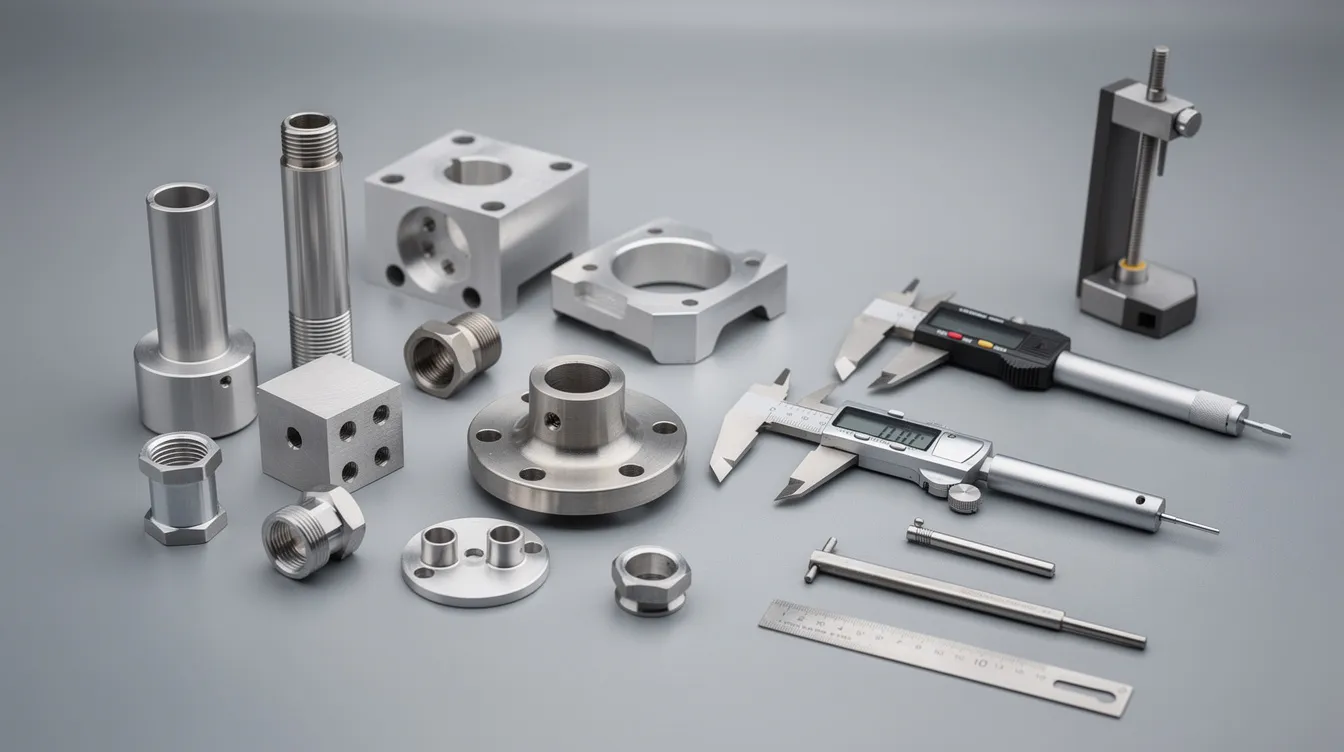 The image depicts precision machined aluminum and stainless steel components neatly arranged on an inspection surface, accompanied by measuring tools, highlighting the meticulous quality control measures typical of precision sheet metal fabrication. This setup reflects the high precision and dimensional accuracy essential for custom metal fabrication in industries such as automotive and medical devices.
