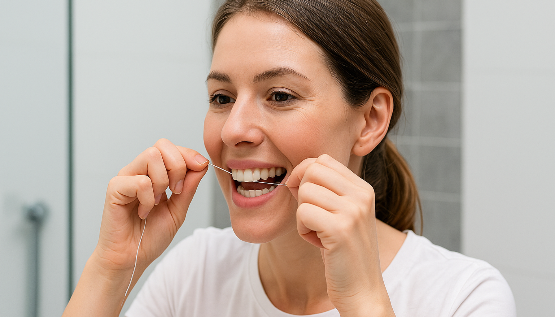 Kvinne foran speilet bruker tanntråd mellom tennene med forsiktighet og smil i et lyst og moderne baderom.