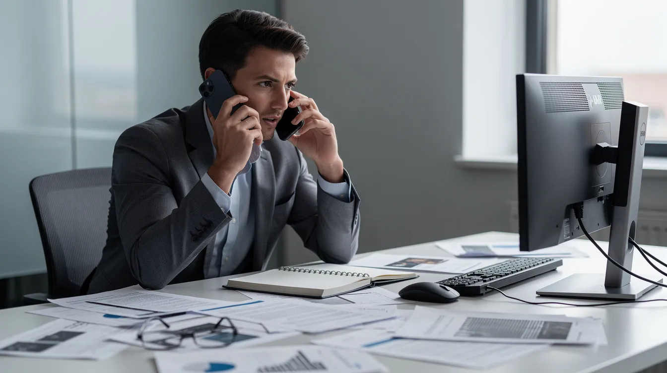 A person is sitting at a desk surrounded by papers and documents, making a phone call, possibly discussing personal injury claims related to a car accident or slip and fall incident. The scene suggests an active engagement in legal matters, emphasizing the importance of understanding Colorado's statute of limitations for personal injury cases.