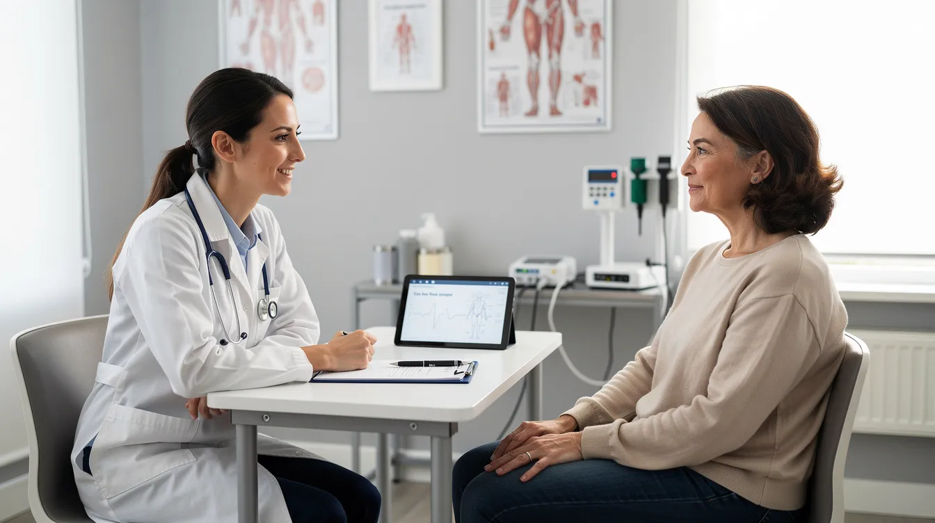 The image depicts a person calmly consulting with a medical professional in a clinical setting, discussing concerns related to eyelid conditions such as ptosis and drooping eyelids. The consultation likely involves topics like eyelid surgery options to address excess skin and improve eyelid function.