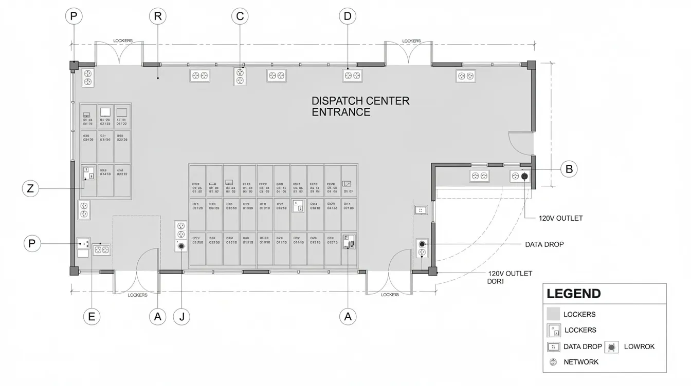 The image depicts a detailed floor plan diagram illustrating the strategic placement of lockers near the entrance of a dispatch center, complete with marked power outlets and network drops for efficient connectivity. This layout is designed to support the deployment of Motorola radios and other essential equipment, ensuring users have secure access to charging cradles and accessories.