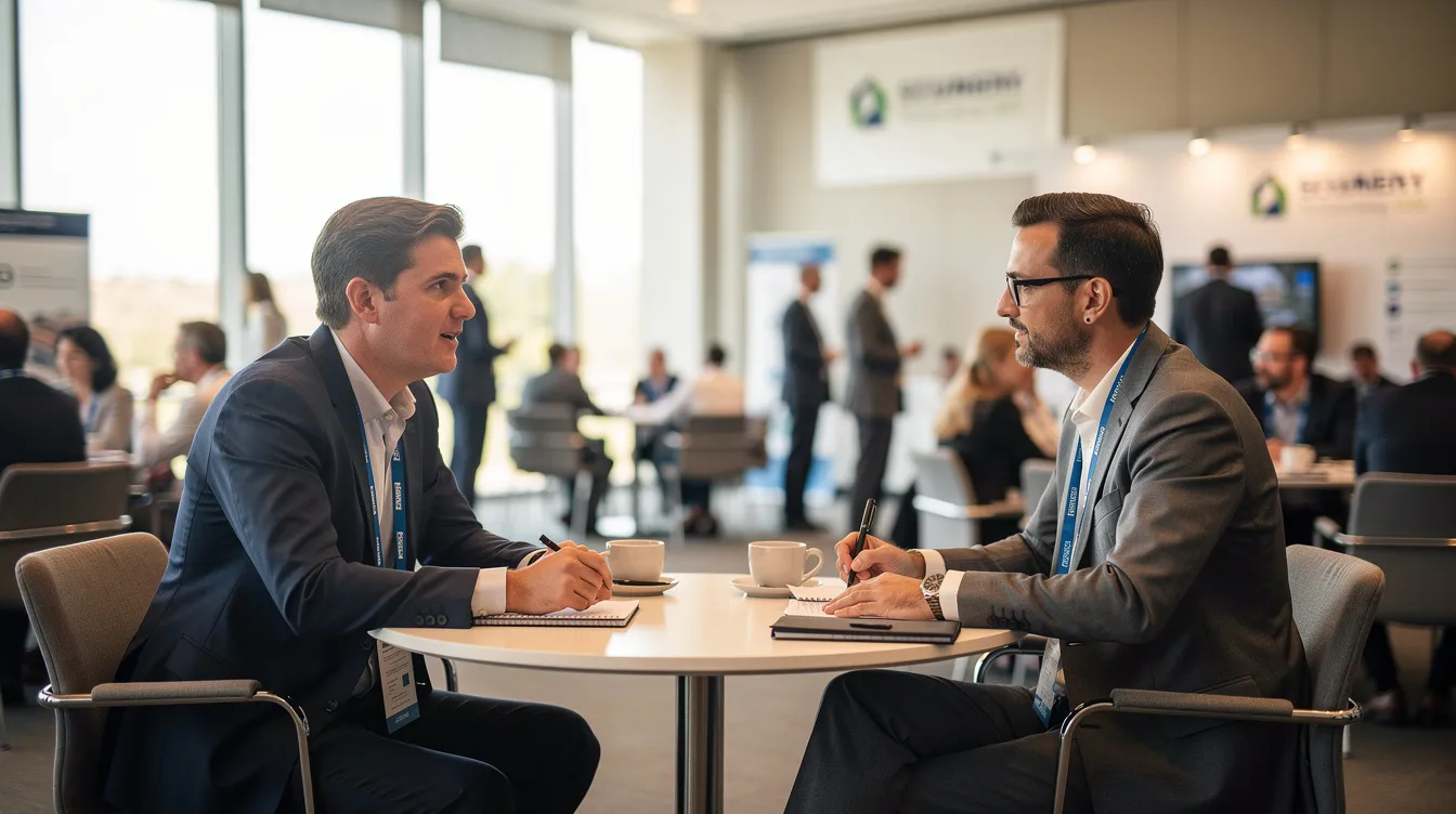 Two professionals engage in a focused conversation during a conference breakout session, surrounded by notepads and coffee cups on a small round table, exemplifying a positive workplace culture where ideas and experiences are shared to enhance employee satisfaction and organizational culture.