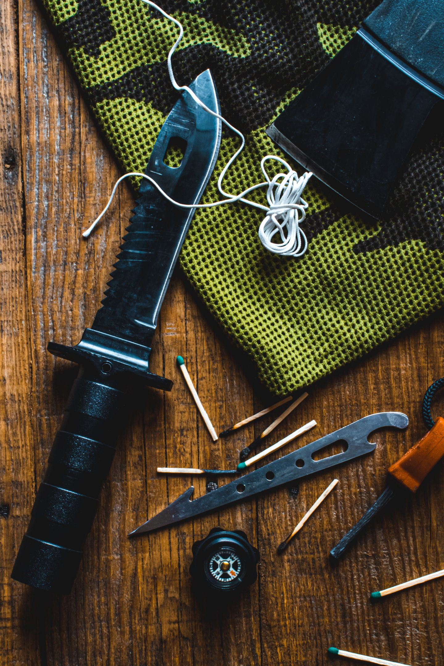 Matches, knife on table