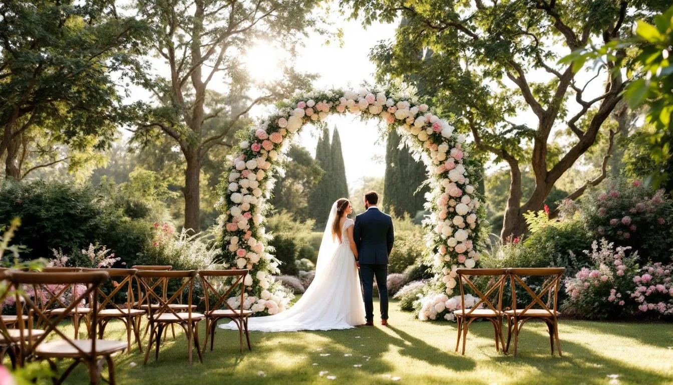 Eine romantische Outdoor-Hochzeitszeremonie in einem blühenden Garten, die von einem wunderschönen Blumenbogen umrahmt wird. Diese Hochzeitslocation in Heidelberg bietet eine malerische Kulisse für eine traumhafte Hochzeit im Freien.