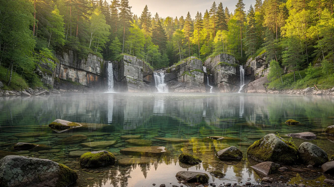 Imagem de um lago cristalino cercado por densas florestas verdes, com cascatas naturais que descem entre rochas. Este cenário sereno evoca a beleza natural da Croácia, uma região rica em cultura e biodiversidade.