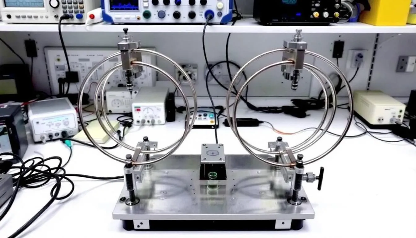 In the laboratory setup, two helmholtz coils are positioned parallel to each other, creating a nearly uniform magnetic field for magnetic moment measurement. The conducting circular coils are connected to a circuit, allowing for the generation of a controlled magnetic field along the same axis.