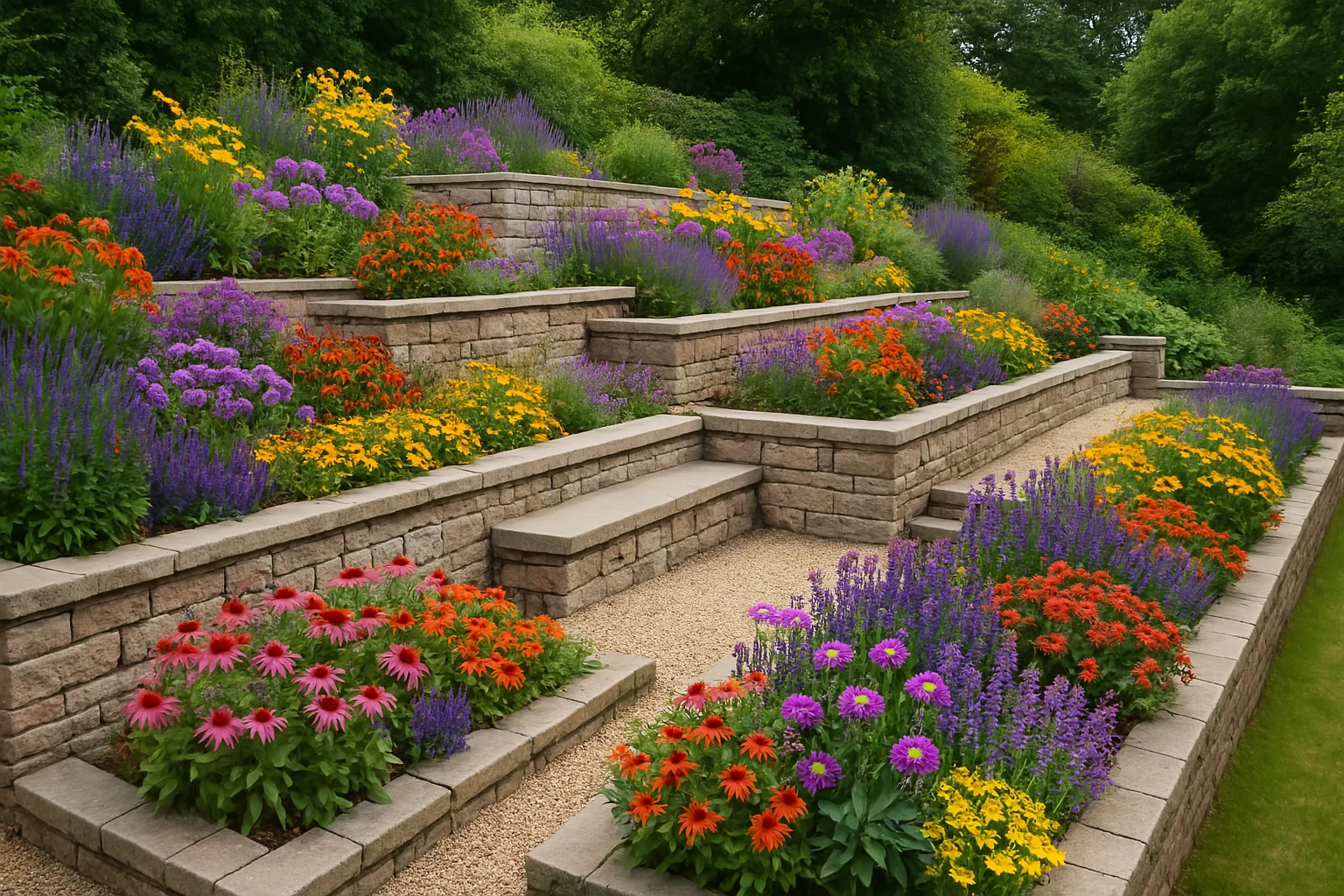 Multi-level garden with terraced stone retaining walls, built-in seating, and raised flower beds creating structure and visual depth.
