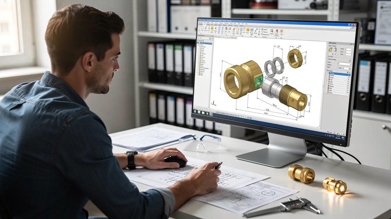 An engineer is intently reviewing a technical drawing of brass components displayed on a computer screen, with CAD software open, highlighting the precision needed for laser cutting and engraving brass parts. The intricate designs and fine details of the brass surface are essential for the engraving process, showcasing the importance of accurate measurements in the manufacturing of metal components.